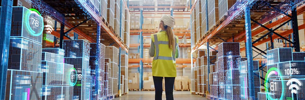 Back view of a person walking between two industrial racking with data showing